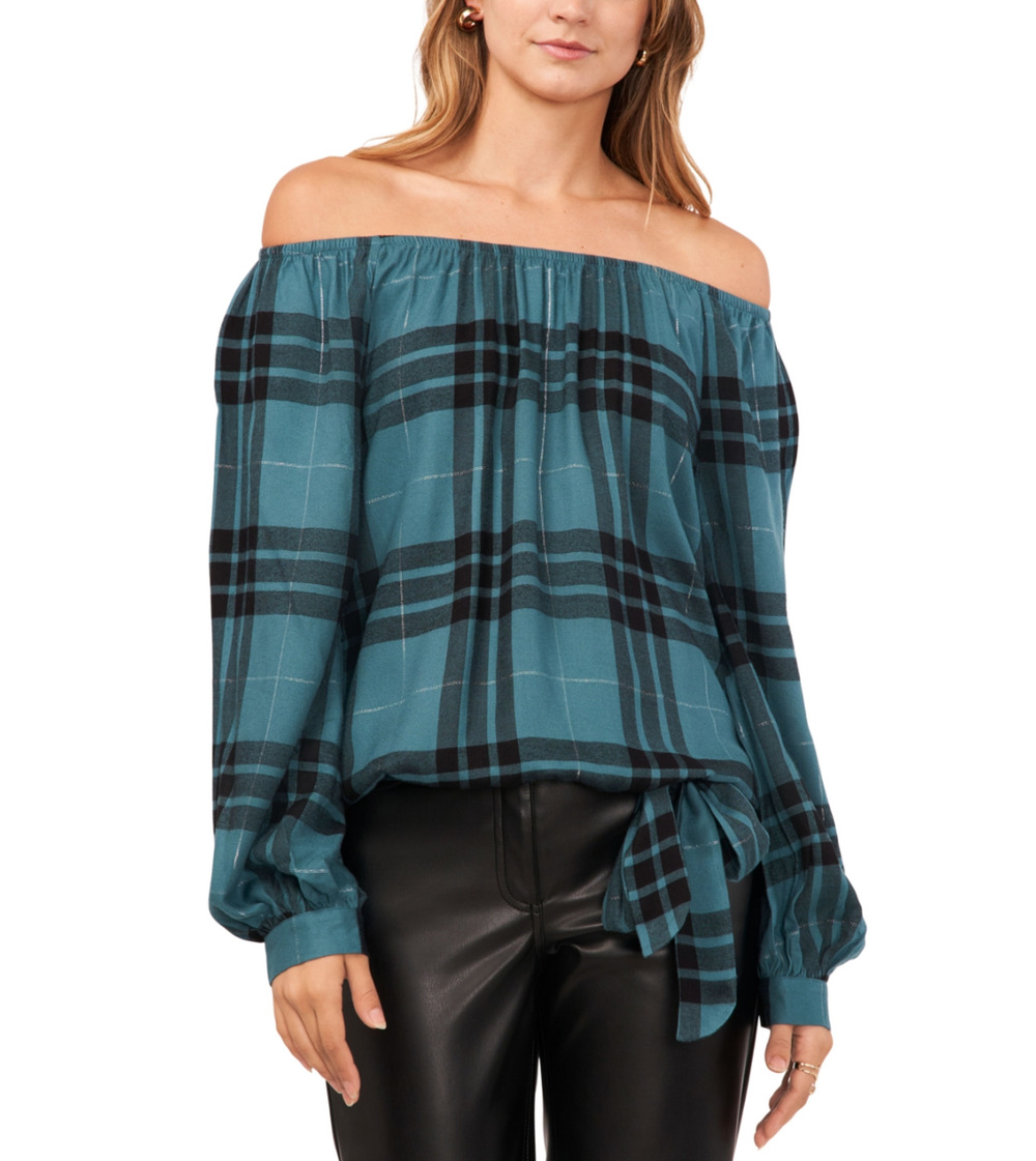 Vince Camuto Women Plaid Off the Shoulder Tie Front Blouse Deep Forest Size M